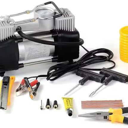 Kit Complet Pană Auto cu Compresor 12V, 2 Cilindri, 150 PSI și Accesorii