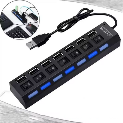 Hub USB 2.0 cu 7 porturi și întrerupătoare individuale – Viteză 480 Mbps