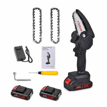 Mini fierastrau cu lant DASGUT 6 inch, 1100 de wati, 2 baterii, 2 lanturi, cu cutie de instrumente portabila neagra