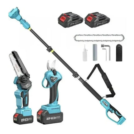 Set Foarfecă Electrică de Grădină și Mini Drujbă 6'', 2 Acumulatori 48V, Braț Telescopic 2 m